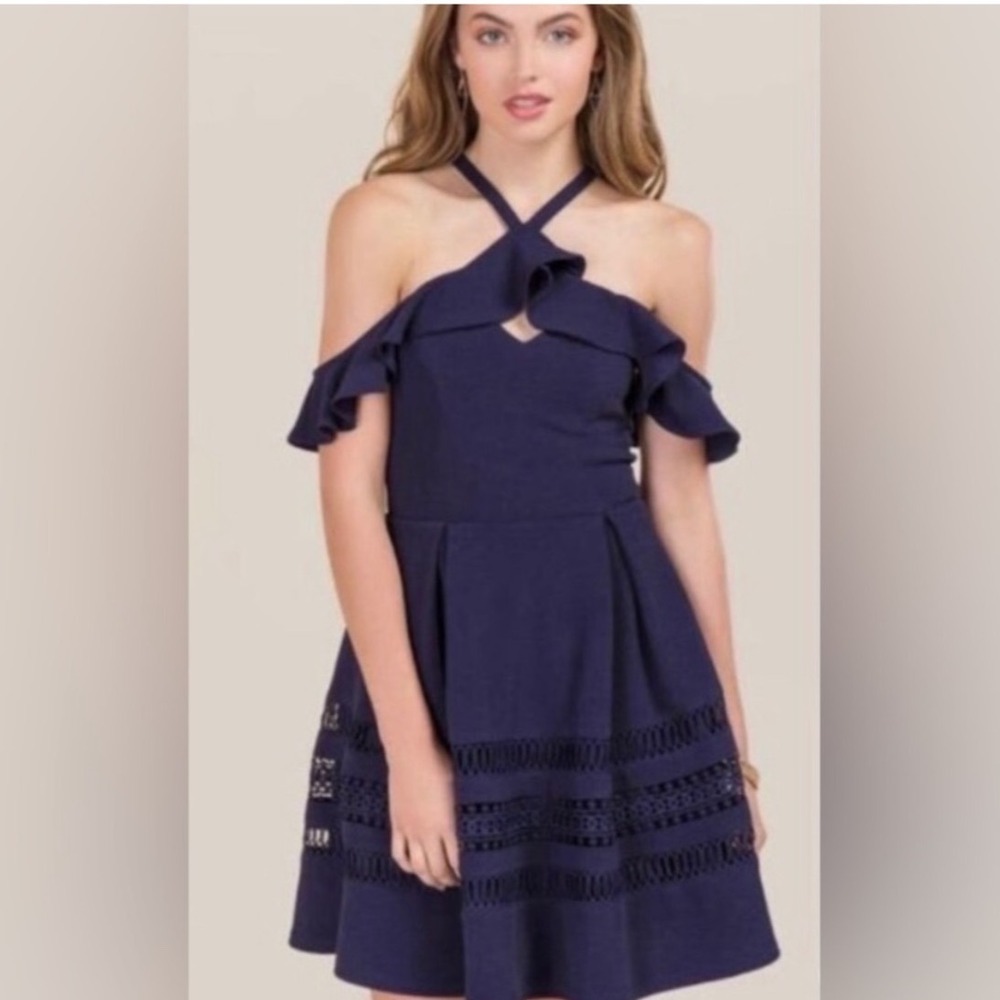 Francescas Navy Blue Cold Shoulder Ruffle Lace Trim‎ Fit Flare Dress Size M